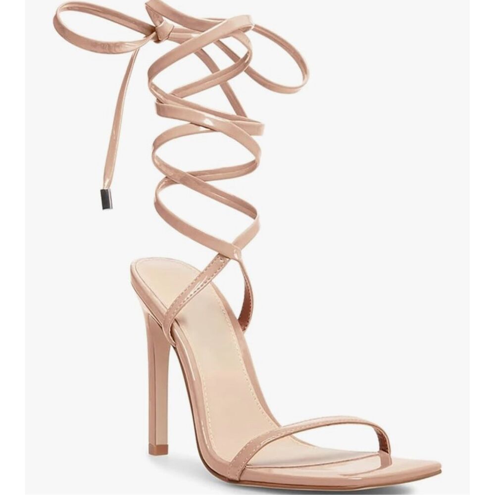Ermonn Womens‎ Strappy Lace Up Square Open Stiletto 4" Heeled Sandals. Nude. 7